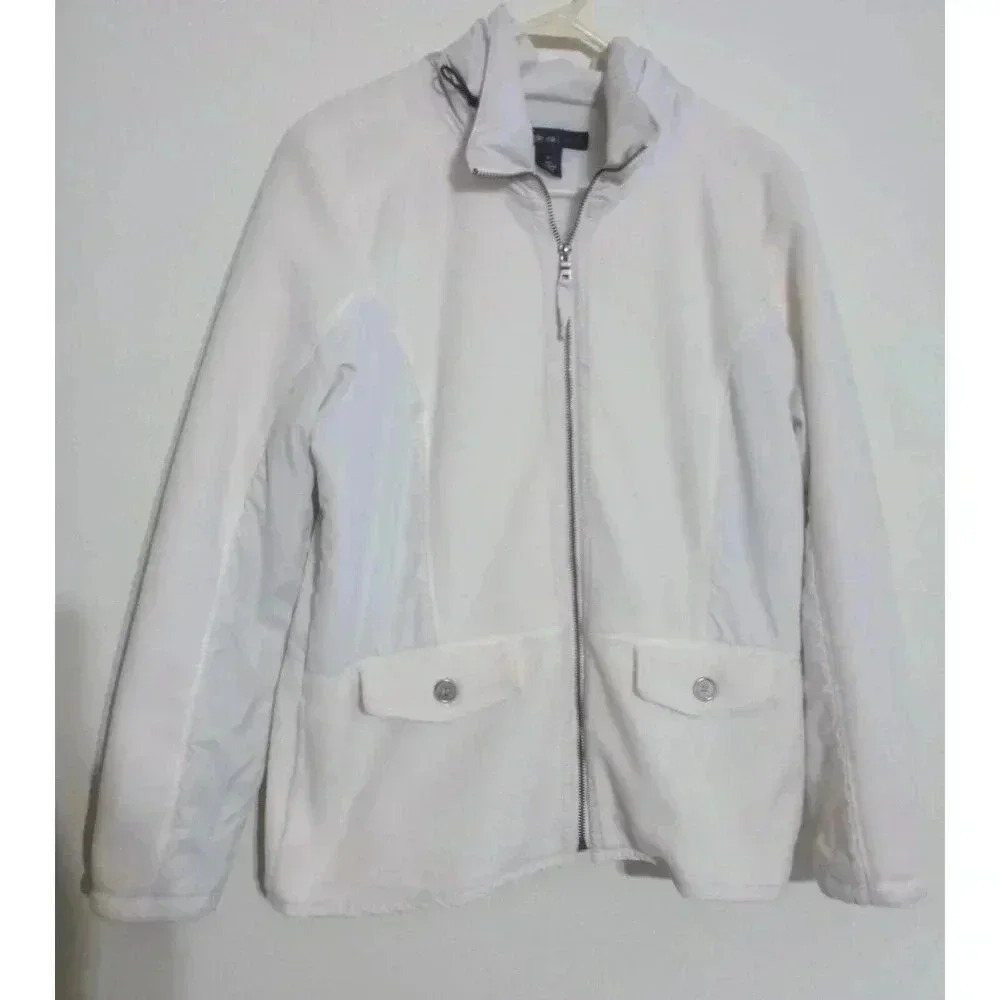 Style & Co. Sport Jacket Fleece Hidden Hood Full Zip Mid Length White Size Large